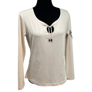 Harley Davidson Winter White Long sleeve Keyhole tie front Blouse M